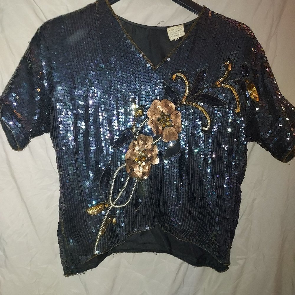Silk, Sequin & Beads Vintage Ladies Blouse Size M